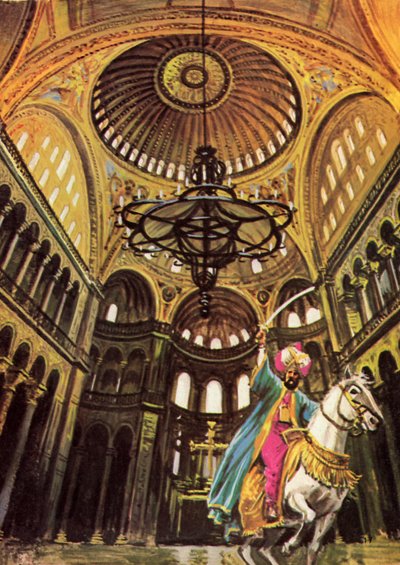 Sultan Mehmed reitet auf seinem Pferd in die große Kirche Hagia Sophia von English School